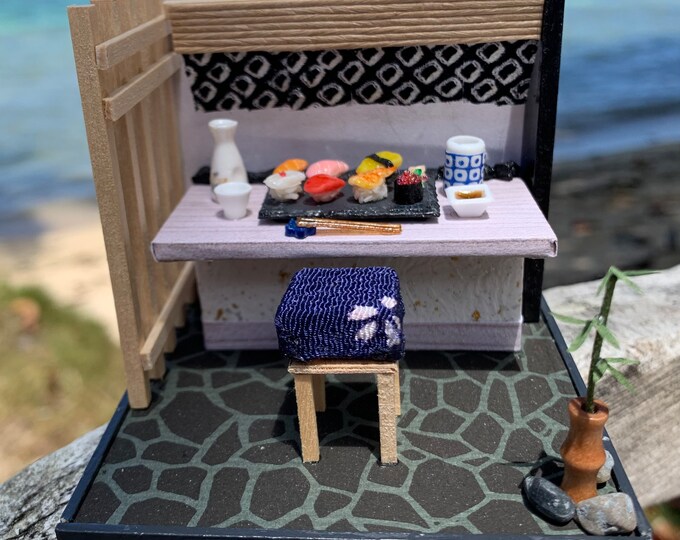 Miniature Sushi Bar Diorama Slate Plate Tea Cup Shoyu Soy Sauce Sake Set Chirimen Bar Stool Noren Curtain Water Feature Bamboo Ikebana OOAK