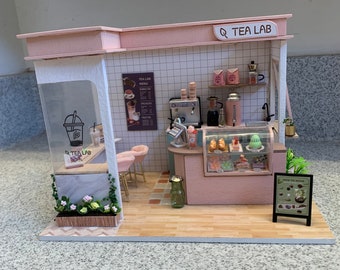 Miniature Tea Coffee Shop Cake Pastries Drinks Work Area Espresso Machine Blender Tea Dispenser Sink Cash Register Pink Decor Flowers Light