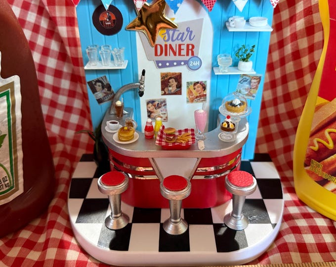 Miniature Retro Diner 50's Soda Jerk Fountain Hamburger Rootbeer Float Strawberry Milkshake Pancakes Coffee Blueberry Pie Ice Cream Sundae