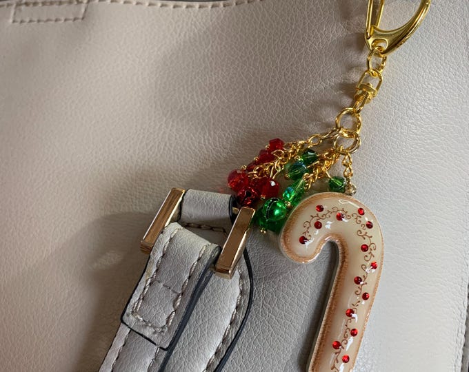 Purse or Backpack Charm Miniature Christmas Candy Cane Cookie Swarovski Crystal Beads Kawaii Keychain Handmade Gold Tone OOAK