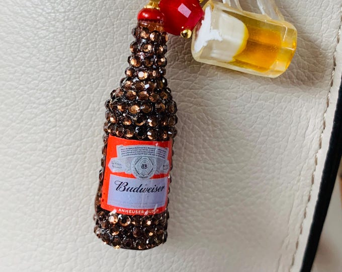 Purse or Backpack Charm Miniature Bedazzled Beer Bottle Beer Mug Pretzels Swarovski Crystal Beads Kawaii Keychain OOAK