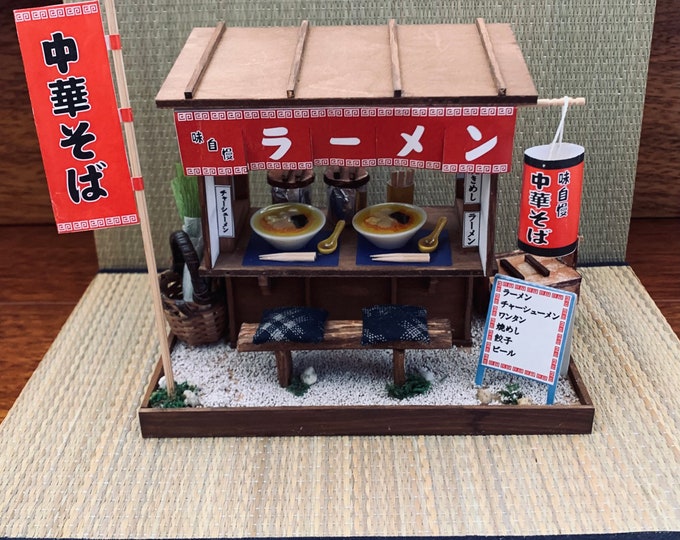 Ramen Stand Miniature Diorama Yatai Ramen Yaki Soba Spoon Chopsticks Japanese Lantern Noren Blue Pillows Bamboo Takeout Box Negi Shoji Walls