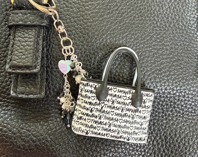 Purse or Backpack Charm Miniature Gatchapon Japanese Black and White Purse Handbag Swarovski Crystal Beads Kawaii Keychain in Gift Box