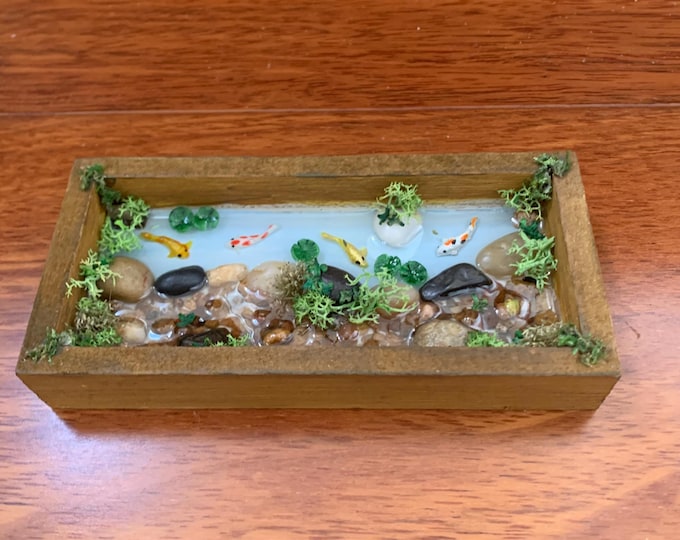 Miniature Koi Pond Zen Garden Water Feature Japanese Rock Garden Plants Koi Swimming Resin Art in 4.75" x 2 1/4" frame 1/2" high