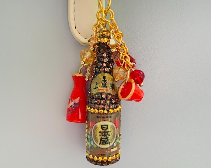 Purse or Backpack Charm Miniature Bedazzled Japanese Sake Bottle Cup Set Swarovski Crystal Beads Kawaii Keychain in Gift Box OOAK