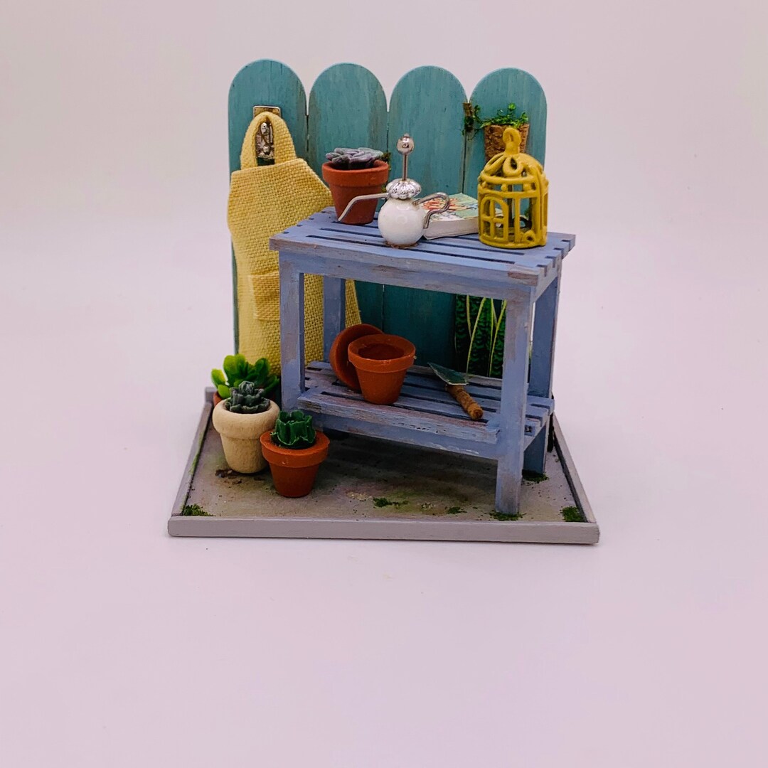 Miniature Greenhouse Patio Diorama Blue Workbench Succulent Terra Cotta