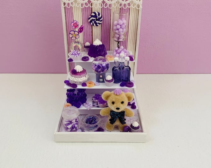 Miniature Lavendar Candy Shop Diorama Gumball Machine Gummi Bear Lollipops Hard Candy Grape Ube Petit Four Cake Teddy Chocolate OOAK Kawaii