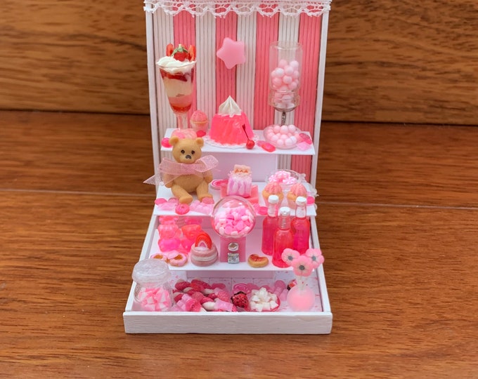 Miniature Pink Candy Shop Diorama Gum Ball Gummi Bear Lollipops Hard Candy Strawberry Petit Fours Cake Button Chocolate Teddy OOAK Kawaii