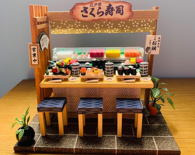 Miniature Sushi Bar Diorama Sushi Getta Nigiri Tea Cup Shoyu Soy Sauce Chopsticks Chirimen Bar Stool Noren Curtain Potted Plants OOAK