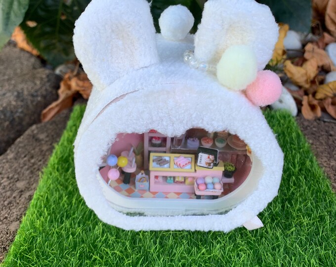Miniature Tiny White Bunny Sweet Shop Diorama with Light Cakes Candy Gifts Basket Desserts Canopy Chandelier Shelves Bar Stools OOAK Kawaii