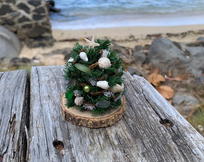 Miniature Ocean Theme Pinecone Christmas Tree Shells Sea Glass Starfish Moss Pine Pearl Coral Handmade Hawaii Beach Glass OOAK