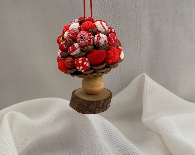 Miniature Pinecone Red Ornament Chirimen Japanese Silk Fabric Scraps Pillows OOAK Kawaii Mushroom Hawaii Upcycle