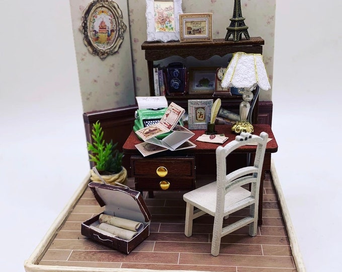 Miniature Studio Diorama Paris Lights Typewriter Office Desk Chair Book Shelf Brief Case Tiny Kawaii