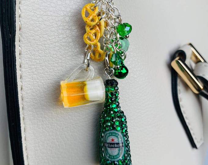 Purse or Backpack Charm Miniature Bedazzled Beer Bottle with Beer Mug and Pretzels Swarovski Crystal Beads Kawaii Keychain OOAK