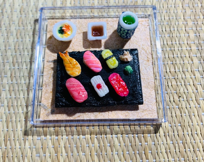 Miniature Sushi Platter Set Ebi Salmon Ika Ohtoro Tamago Chutoro Maguro Slate Platter Gari Wasabi Tea Shoyu Chawanmushi Japanese Acrylic Box