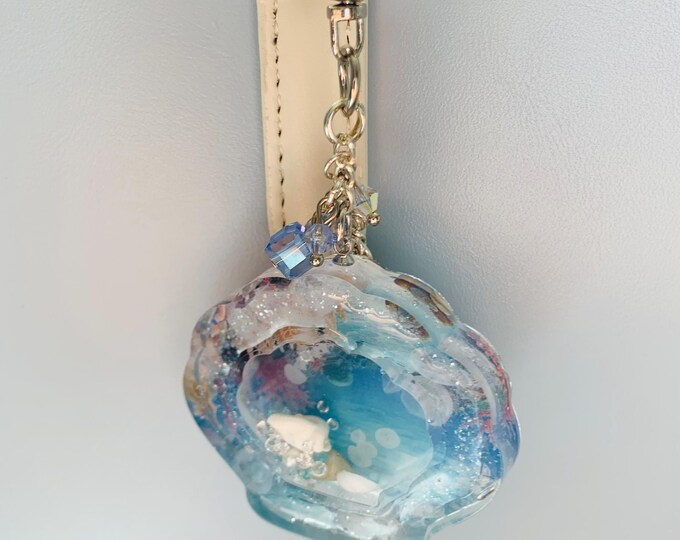 Purse or Backpack Charm Miniature Seashell Shaker Glitter Swarovski Crystal Beads Pearls Kawaii Keychain OOAK