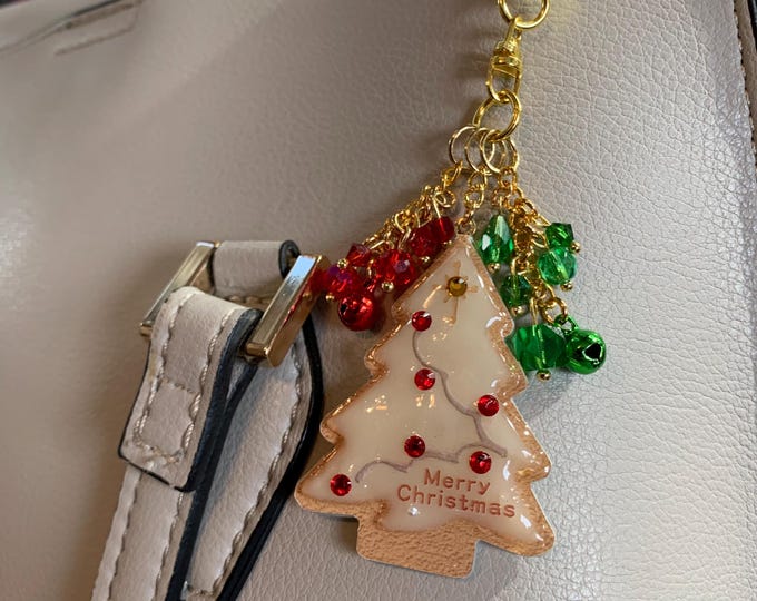 Purse or Backpack Charm Miniature Christmas Tree Cookie Swarovski Crystal Beads Kawaii Keychain Handmade Gold Tone OOAK