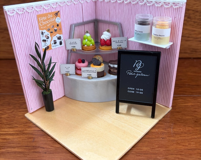 Miniature Rement Bakery Shop Cakes Strawberry Grape Raspberry Macaron Chocolate Orange Cookies Menu Board Wooden Display OOAK