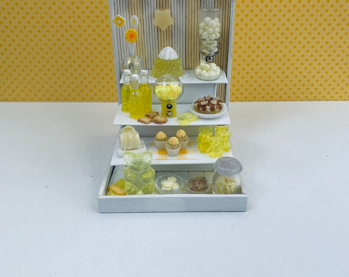 Miniature Yellow Candy Shop Diorama Gumball Machine Gummi Bear Lollipops Hard Candy Lemon Gelatin Mold Banana Cake Cupcakes OOAK Kawaii