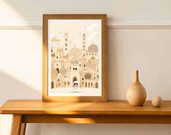 Inocencia entre los minaretes: Camino a la mezquita (arte islámico imprimible), ilustración de minaretes de mezquitas musulmanas, decoración de pared de aldeas con mezquitas.