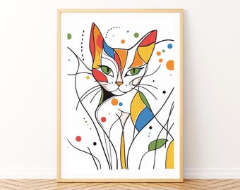 Elegance in Color Printable Cat Wall Art Featuring Abstract Rainbow Tones and Geometric Lines for Modern Pet and Animal Decor