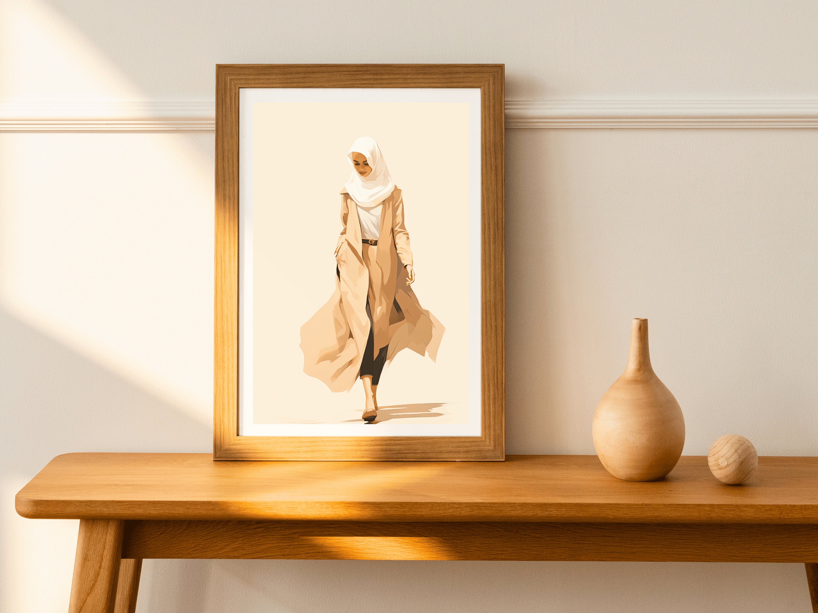 Resolute Stride: The Modern Muslim Woman in Cream, Digital Print, Islamic Art, Muslim Art, Wall Art, Islam Sketches, Digital Poster
