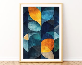 Mid-Century Modern Abstract Wall Art with Blue Teal Geometric Shapes and Retro Texture – Printable Digital Decor for Stylish Homes