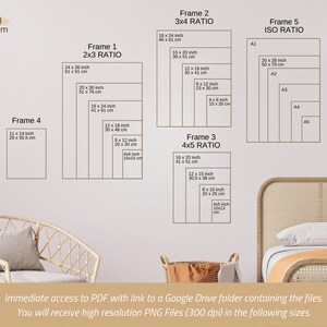 Puede incluir: Una pared blanca con una silla de mimbre beige y una cama con una cabecera beige. La pared tiene un gr&aacute;fico con diferentes tama&ntilde;os de marco y proporciones en pulgadas y cent&iacute;metros. El gr&aacute;fico est&aacute; titulado "Ethereal Minimalism".
