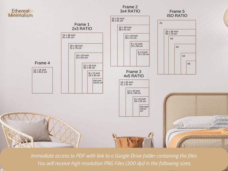 Puede incluir: Una pared blanca con una silla de mimbre beige y una cama con una cabecera beige. La pared tiene un gr&aacute;fico con diferentes tama&ntilde;os de marco y proporciones en pulgadas y cent&iacute;metros. El gr&aacute;fico est&aacute; titulado "Ethereal Minimalism".