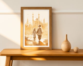 Hand-in-Hand: A Stroll of Joy and Faith, Digital Print, Islamic Art, Muslim Art, Wall Art, Islam Sketches, Digital Poster