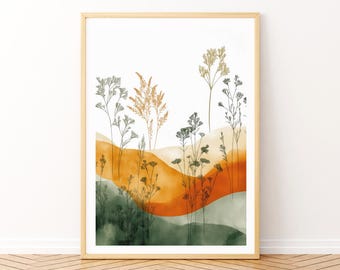 Botanical Landscape Wall Art Print – Earth Tone Watercolor Hills & Line Art Flowers, Modern Boho Nature Digital Download