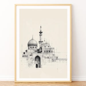 Puede incluir: Un dibujo a lápiz en blanco y negro de una mezquita con tres cúpulas y un minarete. El dibujo está enmarcado en un marco de madera claro.