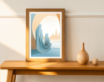 Blue Horizons: A Mother-Daughter Preamble to Life, Digital Print, Islamic Art, Illustration Wall Art, Muslim Sketches, Islamic Home Decor
