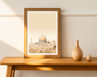 Armonía Dorada: Al-Aqsa en el Tiempo, Impresión Digital, Arte Islámico, Arte Musulmán, Arte Mural, Bocetos del Islam, Póster Digital, Mezquita de Al-Aqsa