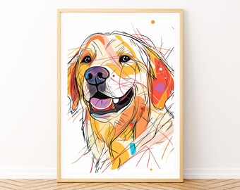 Unleashed Joy Printable Golden Retriever Wall Art in Abstract Rainbow Colors with Ink Lines for Dog Lovers and Pet-Inspired Decor