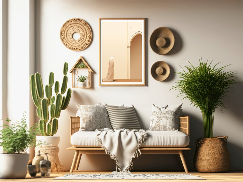 Puede incluir: Un sof&aacute; blanco con una manta blanca y almohadas en una sala de estar con un cactus, una planta en maceta y una impresi&oacute;n enmarcada de una mujer con un vestido blanco de pie en una puerta.