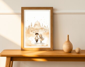 Momentos de alegría: Escaleras en el jardín de la mezquita, Impresión digital, Arte islámico, Arte musulmán, Arte mural, Bocetos del Islam, Póster digital