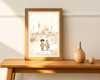 Journey of Muslim: Masjid Village Printable Art, Minimal Mosque Illustration Art Poster, Islamic Wall Art Print, Islam Religious Home Decor
