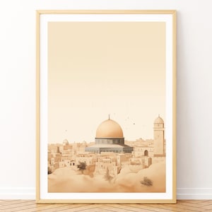 Sanctuary in Stone Printable Islamic Wall Art Featuring Dome of the Rock in Jerusalem with Golden Hues and Birds in Spiritual Silence