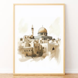 Golden Grace Printable Islamic Wall Art Featuring Dome of the Rock Over Jerusalem in Earth Tones with Minimalist Hand-Painted Style