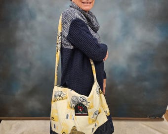Éléphant jaune et noir et couguar avec sac à bandoulière emblème, sac de lecture fait main pour la nuit, fabriqué au Kenya pour une organisation caritative (1L)