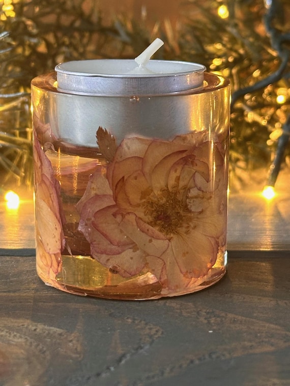 Handmade Pressed Pink Edged Cream Flower Tea Light Holder | Floral Resin Candle Votive | Botanical Home Decor | Gift for Her