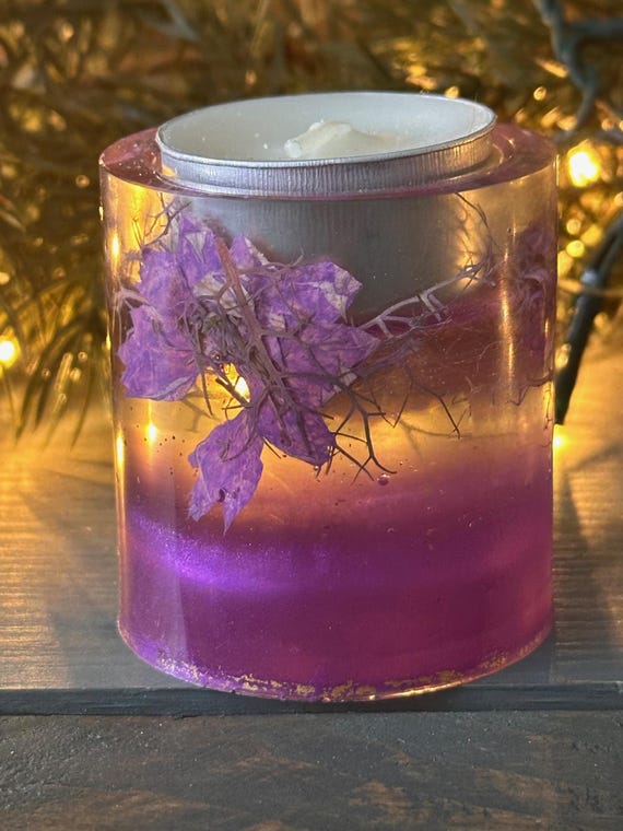 Handmade Nigella Flower Tea Light Holder | Pressed Nigella with Lacy Foliage | Purple Shimmer Resin Candle Votive | Botanical Decor