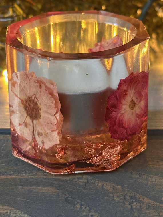 Handmade Pressed Pink & Red Flower Tea Light Holder | Floral Resin Candle Votive | Botanical Home Decor | Gift for Her