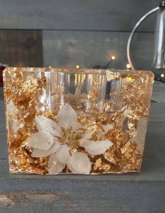 Square tea light candle holder, real dried pressed flowers, white larkspur flower, floral decor, handmade floral candle holder, unique gift