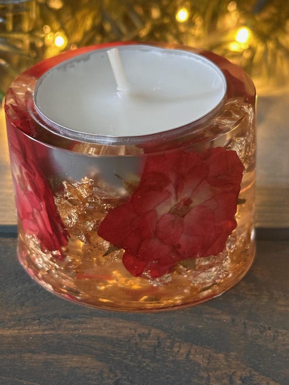 Handmade Pressed Pink/Red Flower Tea Light Holder | Floral Resin Candle Votive | Botanical Home Decor | Gift for Her