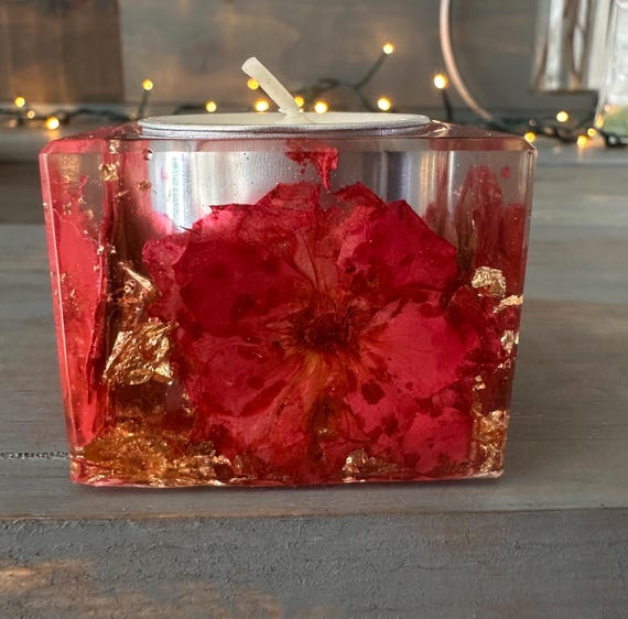 Real dried pressed flower tea light holder, unique tea light candle holder, handmade candle holder, square shaped home decor, unique gift