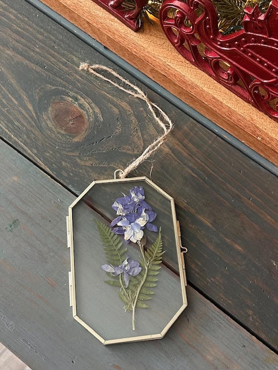 Pressed deep Purple Larkspur & Fern Glass Frame – Handmade Botanical Wall Decor