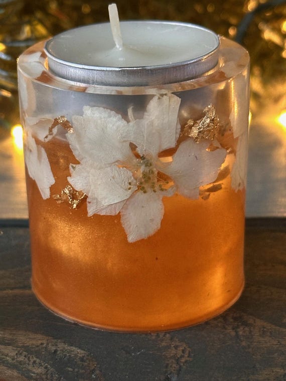 Handmade Pressed White Flower Tea Light Holder | Floral Resin Candle Votive | Botanical Home Decor | Gift for Her