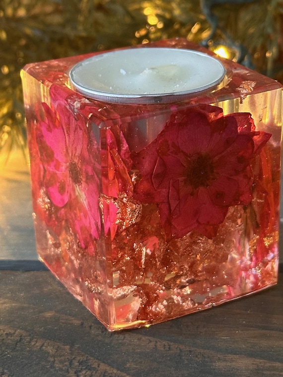 Handmade Pressed Red Flower Tea Light Holder | Floral Resin Candle Votive | Botanical Home Decor | Gift for Her